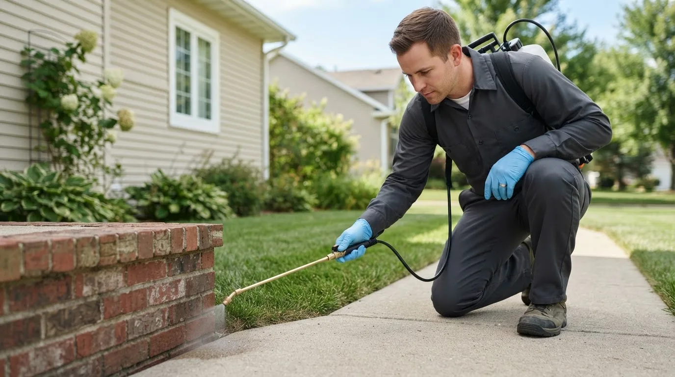 Pest control technician treating a home near Edmore, ND